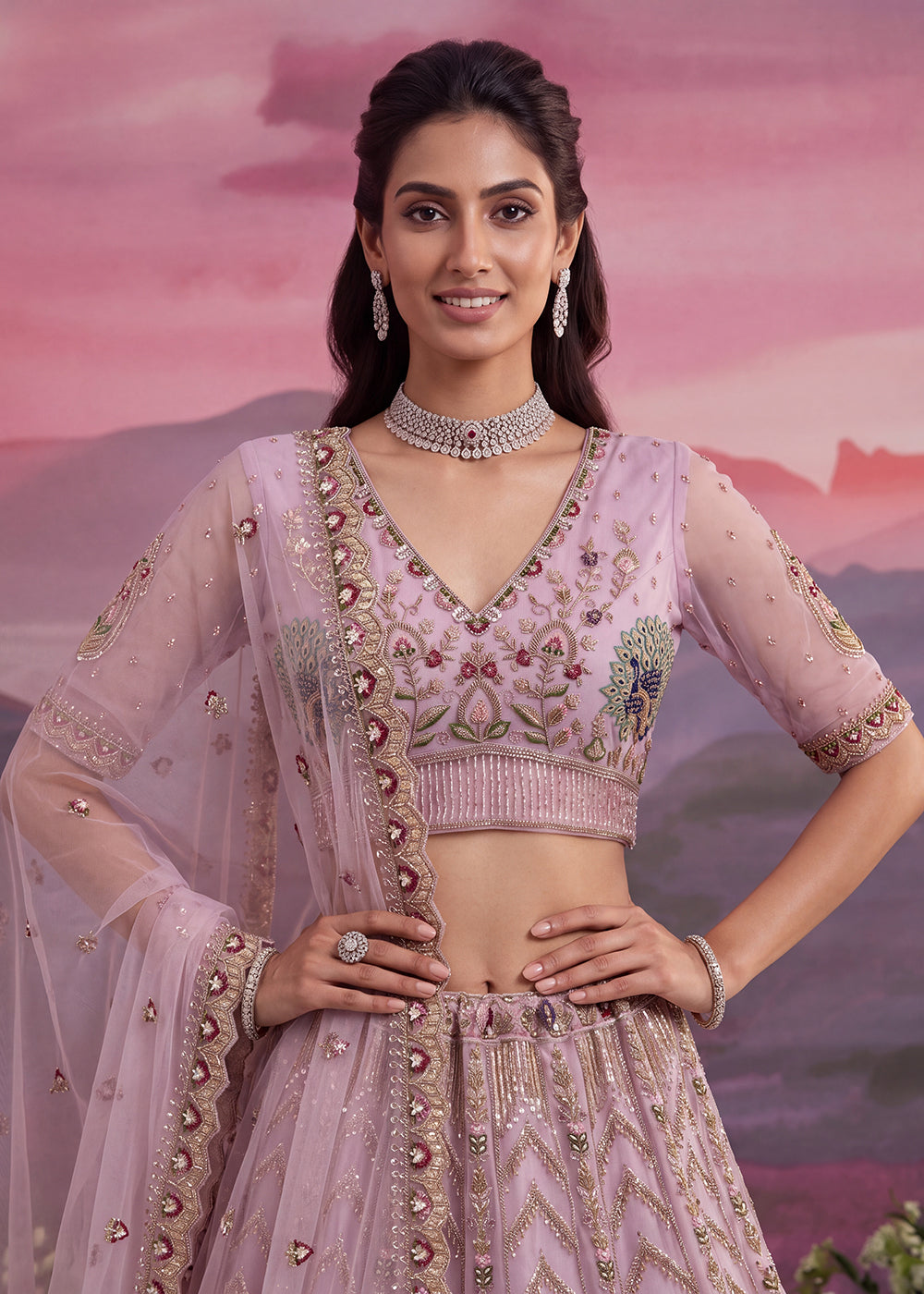 Buy Now Peacock Pattern Motif Pink Designer Wedding Lehenga Choli Online in US, UK, Canada, France, Italy, Germany, Sweden, Denmark, UAE &amp; Worldwide at Empress.