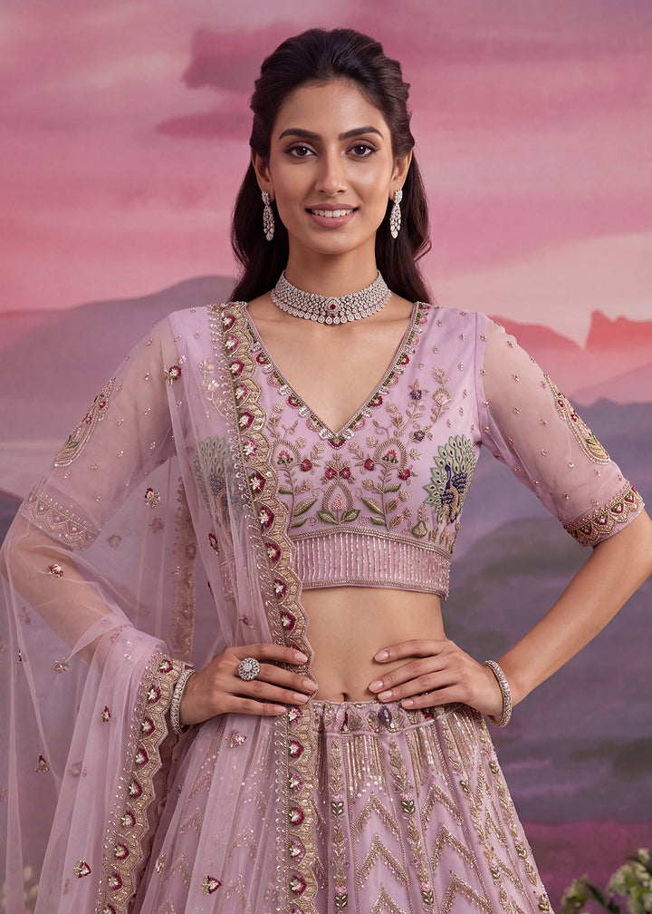 Buy Now Peacock Pattern Motif Pink Designer Wedding Lehenga Choli Online in US, UK, Canada, France, Italy, Germany, Sweden, Denmark, UAE &amp; Worldwide at Empress.