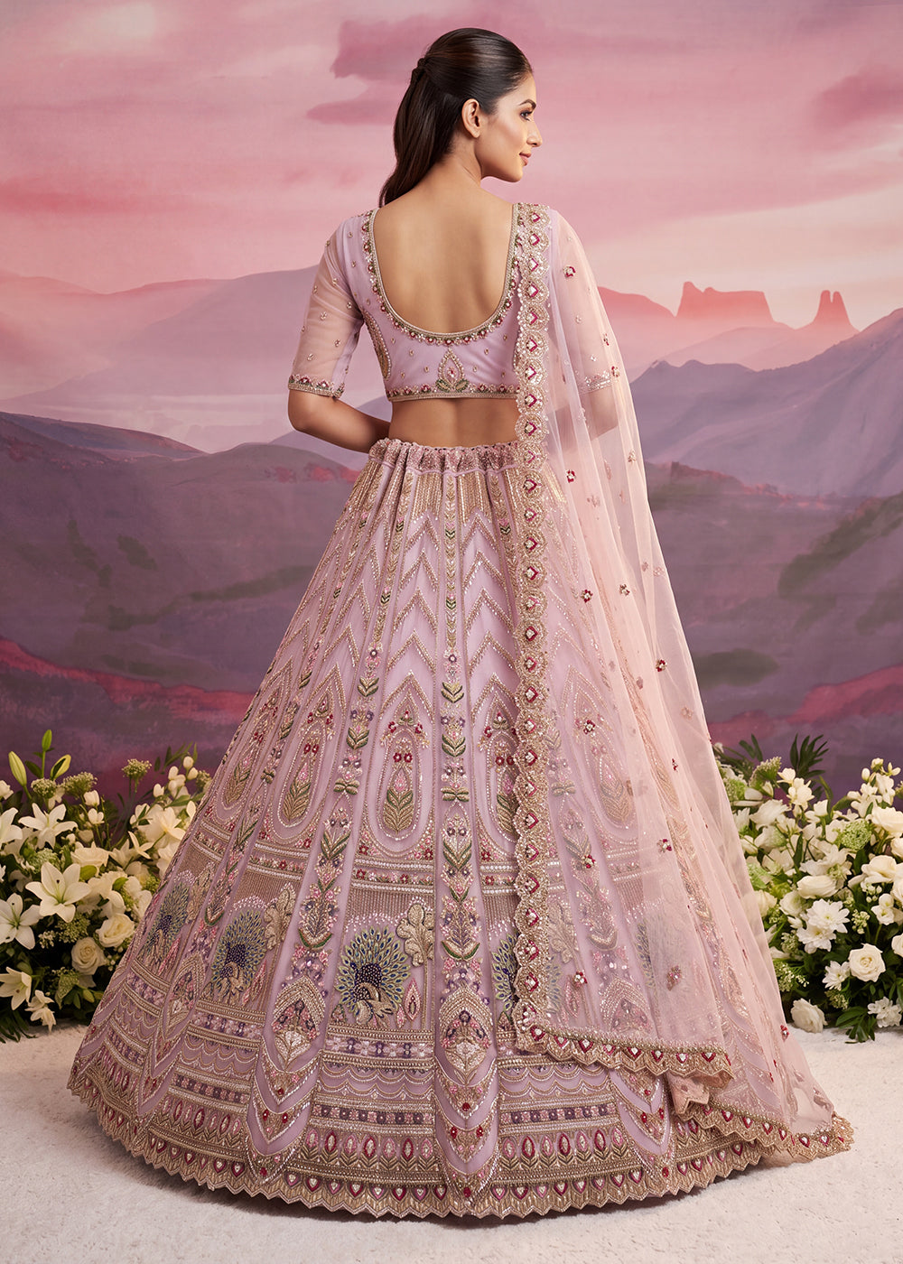 Buy Now Peacock Pattern Motif Pink Designer Wedding Lehenga Choli Online in US, UK, Canada, France, Italy, Germany, Sweden, Denmark, UAE &amp; Worldwide at Empress.