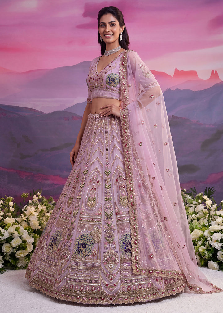Buy Now Peacock Pattern Motif Pink Designer Wedding Lehenga Choli Online in US, UK, Canada, France, Italy, Germany, Sweden, Denmark, UAE &amp; Worldwide at Empress.