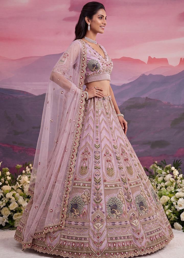 Buy Now Peacock Pattern Motif Pink Designer Wedding Lehenga Choli Online in US, UK, Canada, France, Italy, Germany, Sweden, Denmark, UAE &amp; Worldwide at Empress.