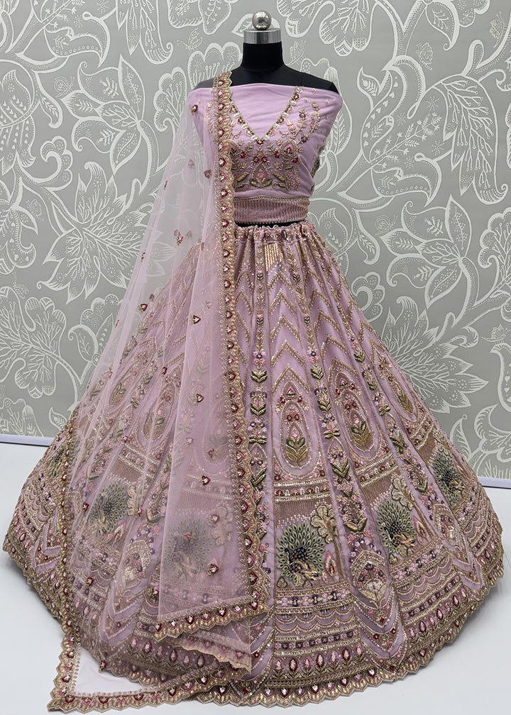 Buy Now Peacock Pattern Motif Pink Designer Wedding Lehenga Choli Online in US, UK, Canada, France, Italy, Germany, Sweden, Denmark, UAE &amp; Worldwide at Empress.