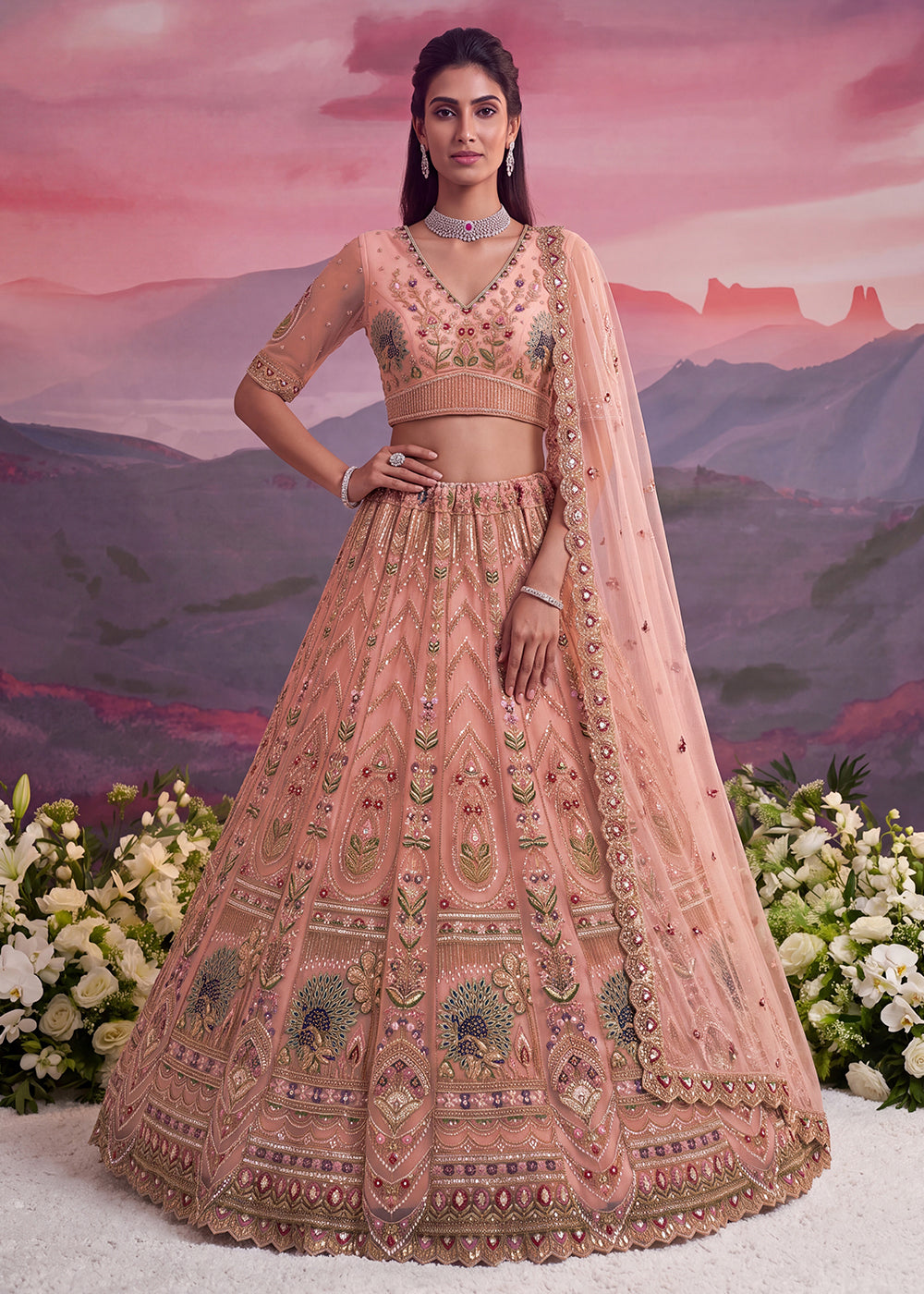 Buy Now Peacock Pattern Motif Peach Designer Wedding Lehenga Choli Online in US, UK, Canada, France, Italy, Germany, Sweden, Denmark, UAE & Worldwide at Empress.