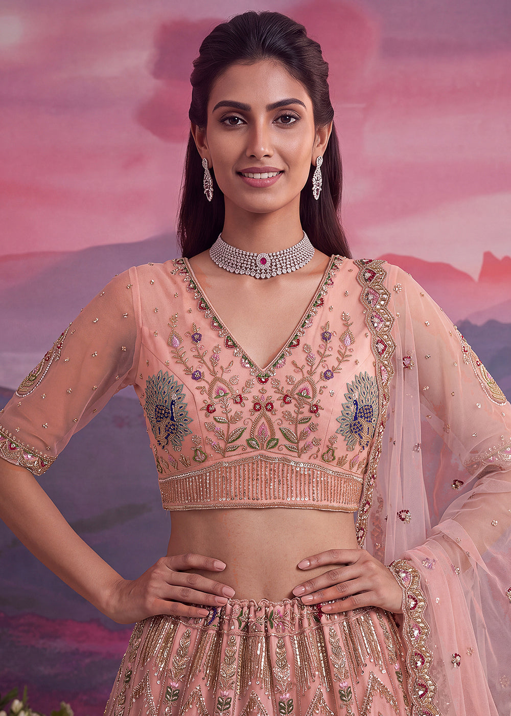 Buy Now Peacock Pattern Motif Peach Designer Wedding Lehenga Choli Online in US, UK, Canada, France, Italy, Germany, Sweden, Denmark, UAE &amp; Worldwide at Empress.
