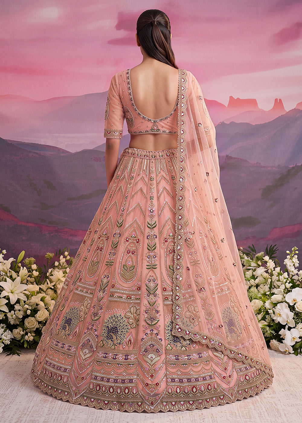 Buy Now Peacock Pattern Motif Peach Designer Wedding Lehenga Choli Online in US, UK, Canada, France, Italy, Germany, Sweden, Denmark, UAE &amp; Worldwide at Empress.