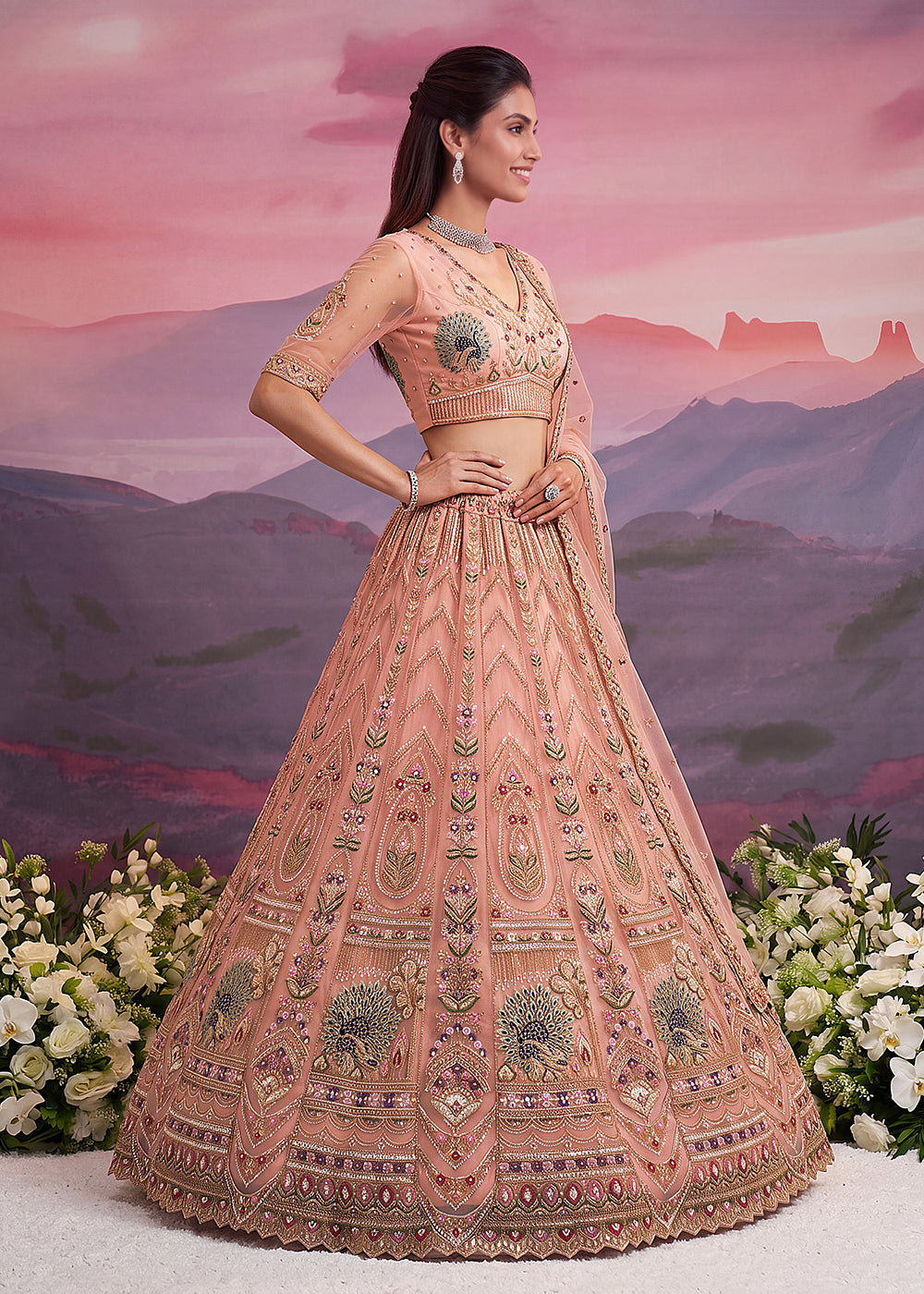 Buy Now Peacock Pattern Motif Peach Designer Wedding Lehenga Choli Online in US, UK, Canada, France, Italy, Germany, Sweden, Denmark, UAE &amp; Worldwide at Empress.