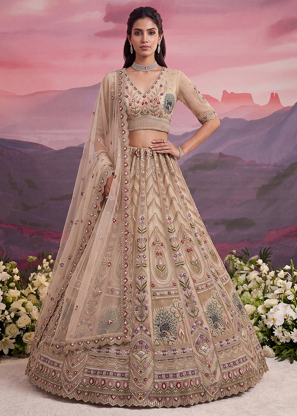 Buy Now Peacock Pattern Motif Beige Designer Wedding Lehenga Choli Online in US, UK, Canada, France, Italy, Germany, Sweden, Denmark, UAE & Worldwide at Empress