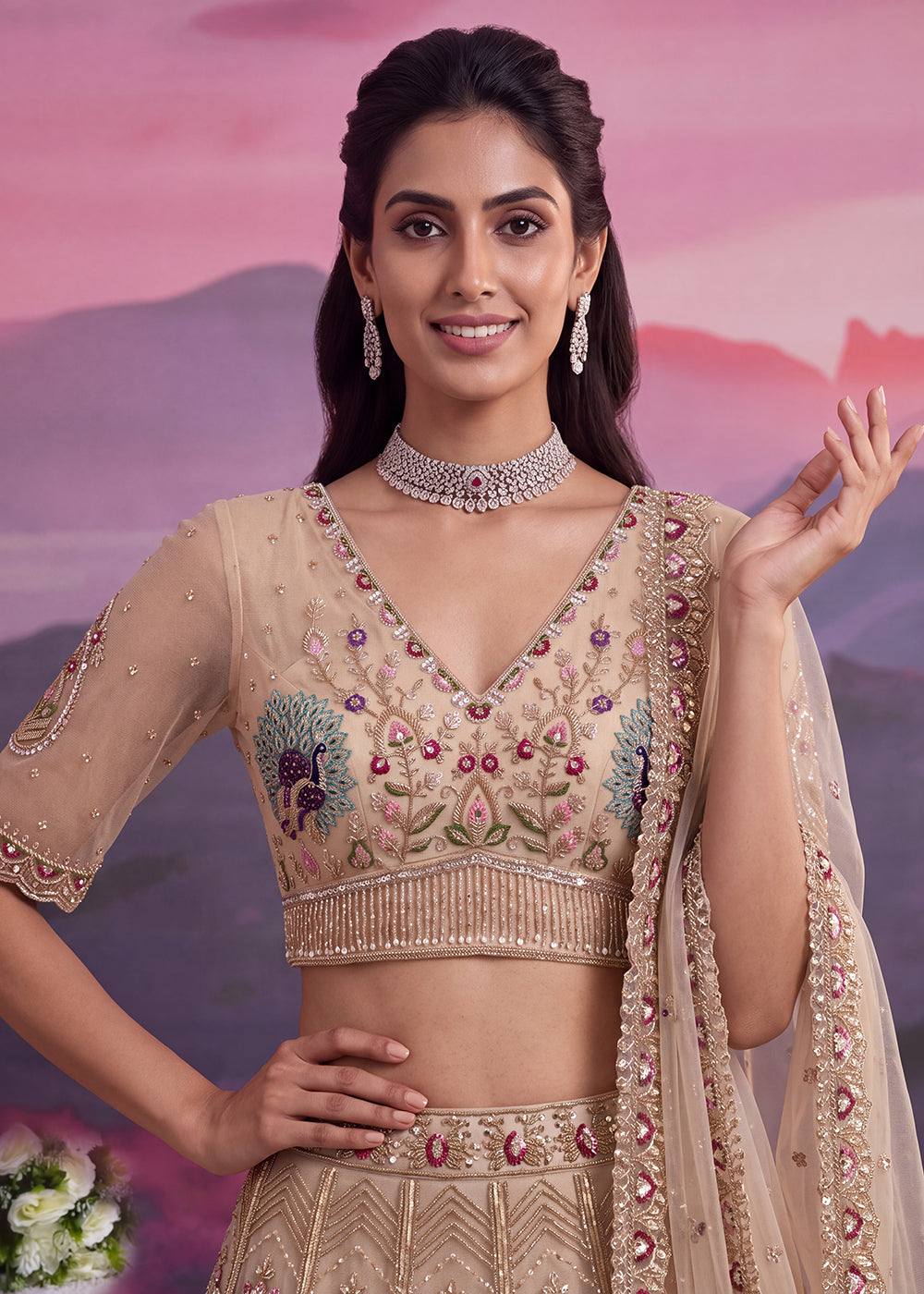 Buy Now Peacock Pattern Motif Beige Designer Wedding Lehenga Choli Online in US, UK, Canada, France, Italy, Germany, Sweden, Denmark, UAE &amp; Worldwide at Empress