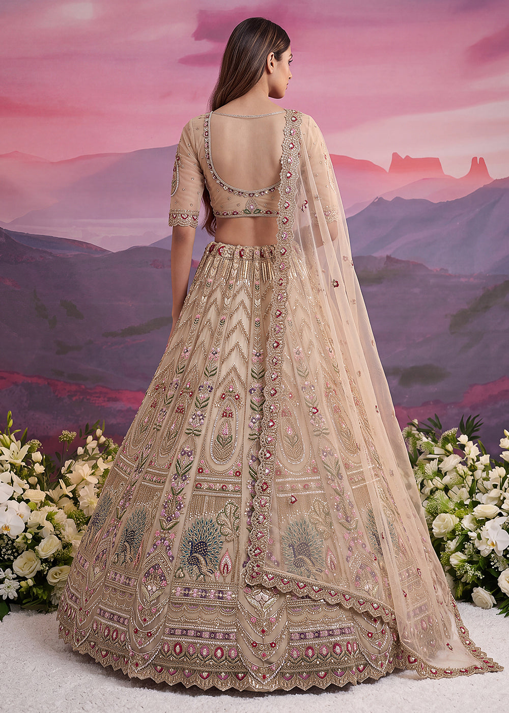 Buy Now Peacock Pattern Motif Beige Designer Wedding Lehenga Choli Online in US, UK, Canada, France, Italy, Germany, Sweden, Denmark, UAE &amp; Worldwide at Empress