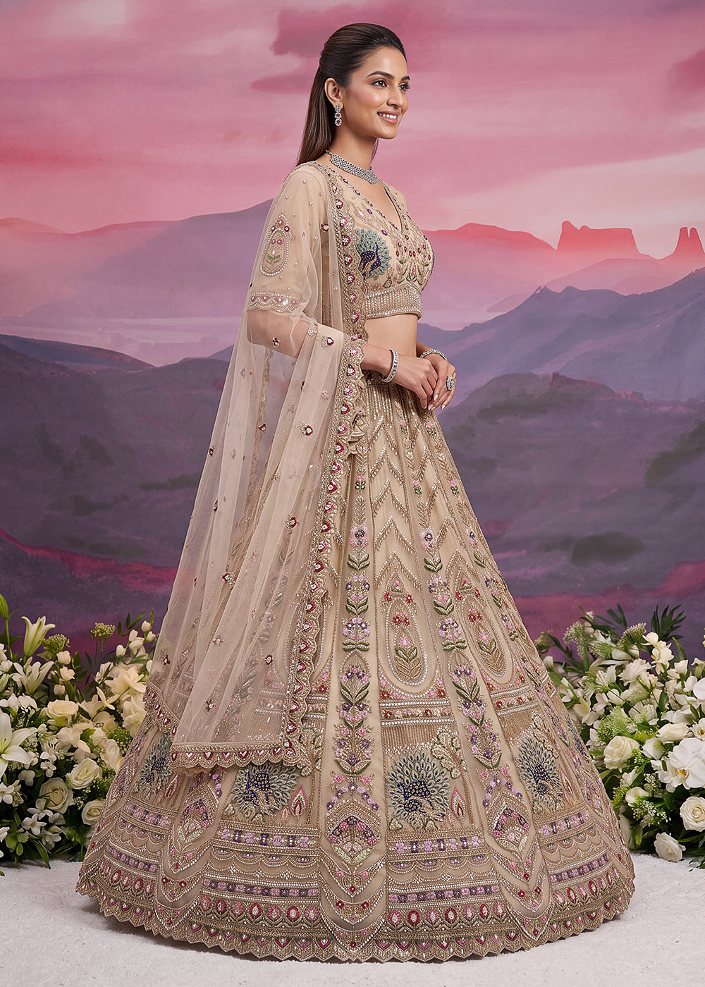 Buy Now Peacock Pattern Motif Beige Designer Wedding Lehenga Choli Online in US, UK, Canada, France, Italy, Germany, Sweden, Denmark, UAE &amp; Worldwide at Empress