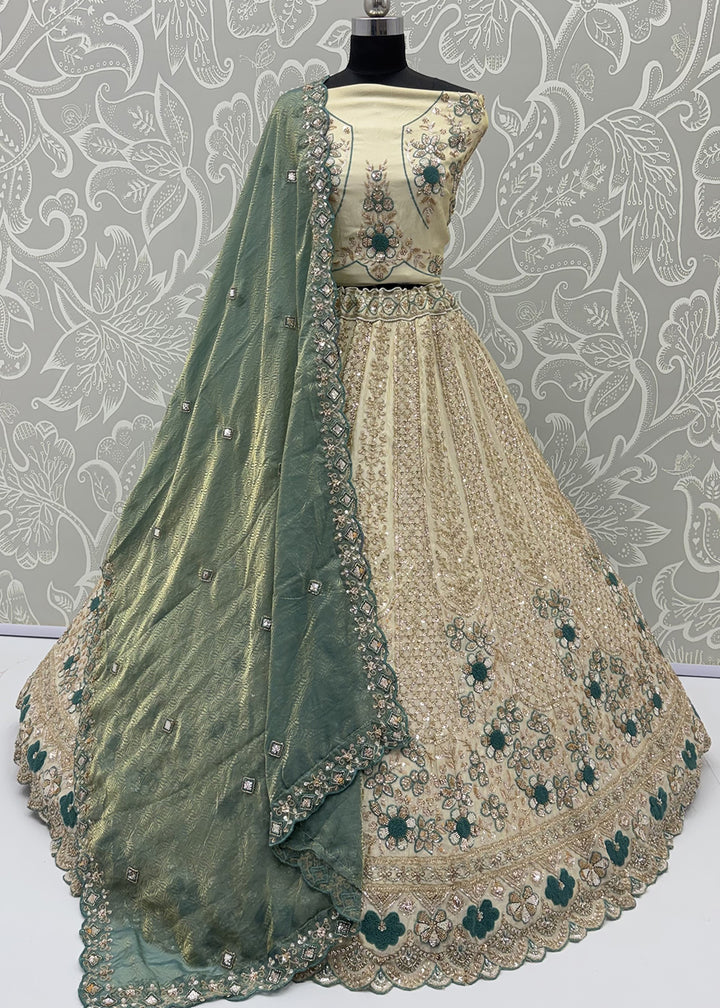 Buy Now Teal Blue Flower Pattern Motif &amp; Beads Attractive Lehenga Choli Online in US, UK, Canada, France, Italy, Germany, Sweden, UAE &amp; Worldwide at Empress.