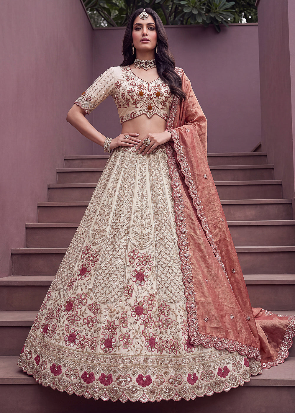 Buy Now Peach Flower Pattern Motif &amp; Beads Attractive Lehenga Choli Online in US, UK, Canada, France, Italy, Germany, Sweden, UAE &amp; Worldwide at Empress.