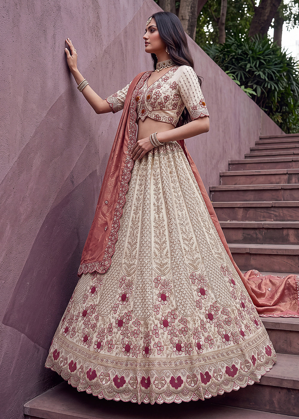 Buy Now Peach Flower Pattern Motif &amp; Beads Attractive Lehenga Choli Online in US, UK, Canada, France, Italy, Germany, Sweden, UAE &amp; Worldwide at Empress.