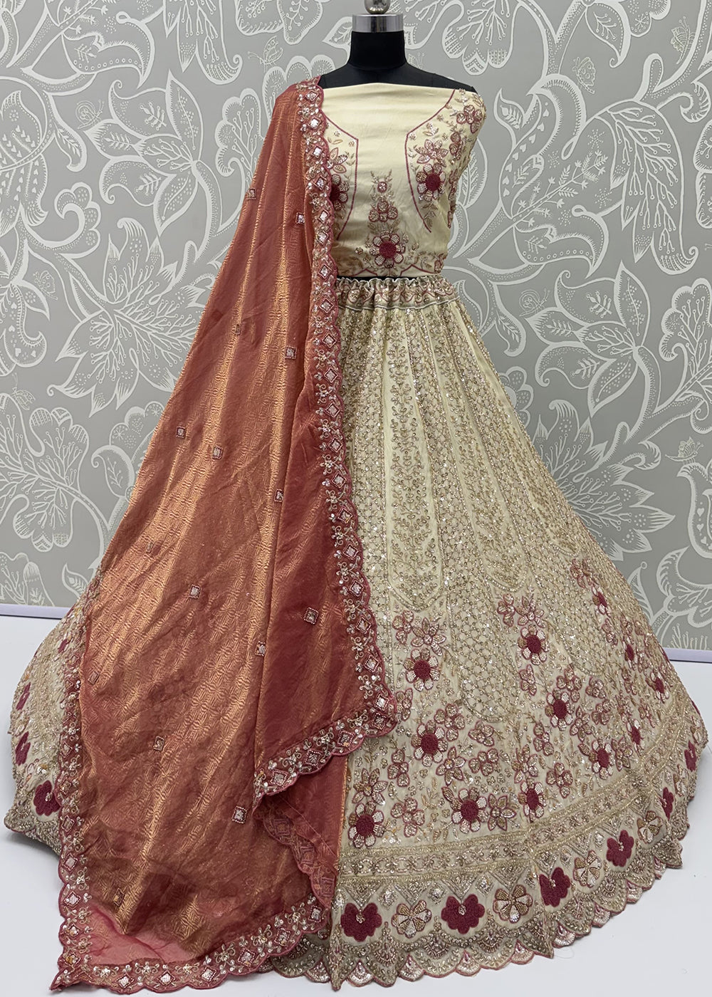 Buy Now Peach Flower Pattern Motif &amp; Beads Attractive Lehenga Choli Online in US, UK, Canada, France, Italy, Germany, Sweden, UAE &amp; Worldwide at Empress.