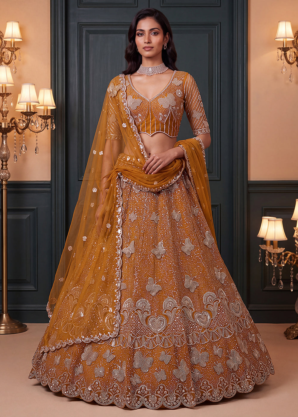 Buy Now Yellow Bead Crystal Embroidered Party Wear Lehenga Choli Online in US, UK, Canada, France, Italy, Germany, Sweden, Australia, UAE & Worldwide at Empress
