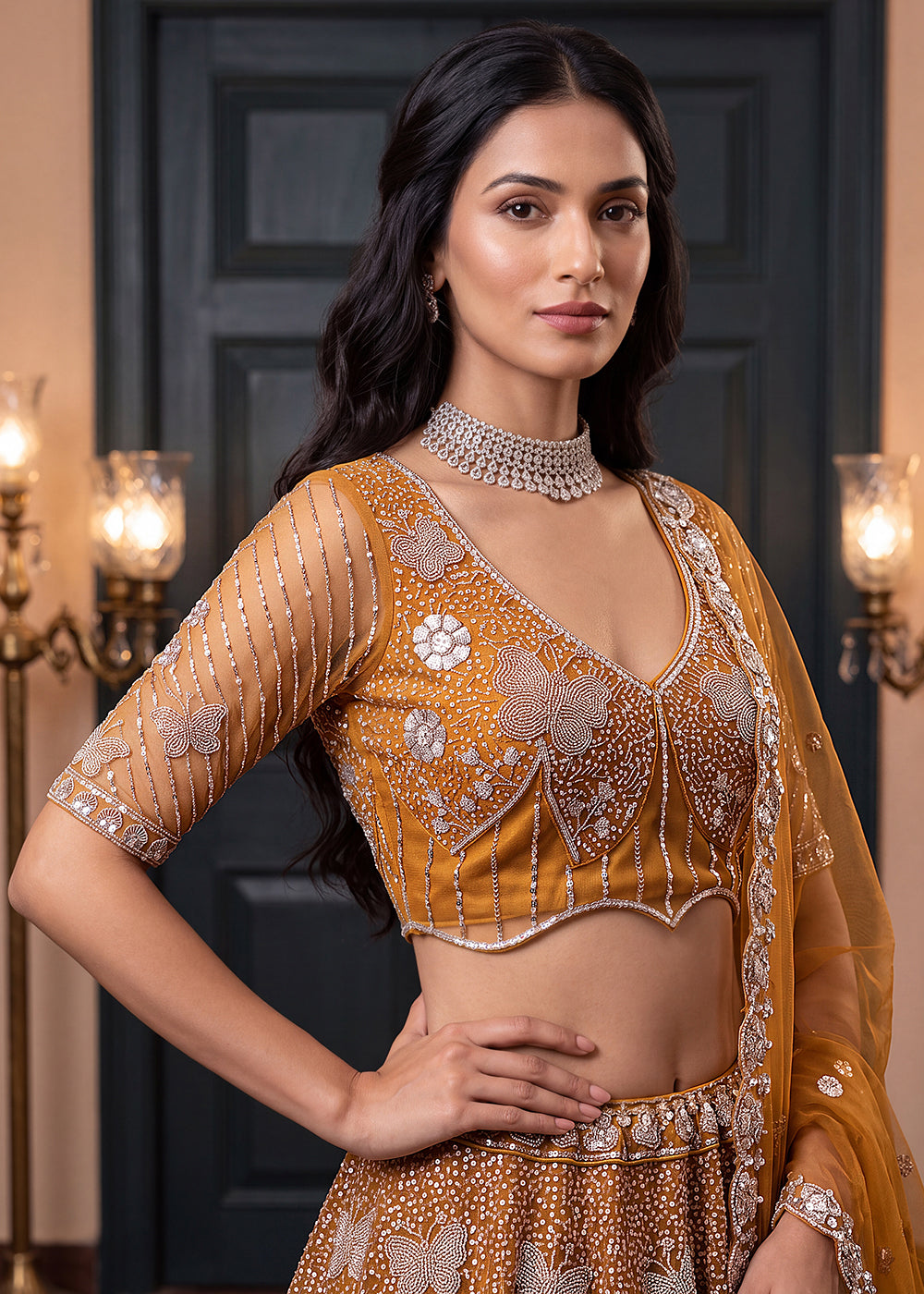 Buy Now Yellow Bead Crystal Embroidered Party Wear Lehenga Choli Online in US, UK, Canada, France, Italy, Germany, Sweden, Australia, UAE & Worldwide at Empress