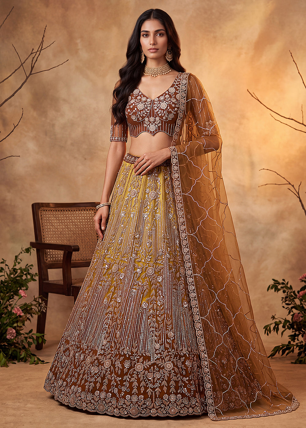 Buy Now Yellow Net Embroidered Designer Party Wear Lehenga Choli Online in US, UK, Canada, France, Italy, Germany, Sweden, Australia, UAE & Worldwide at Empress