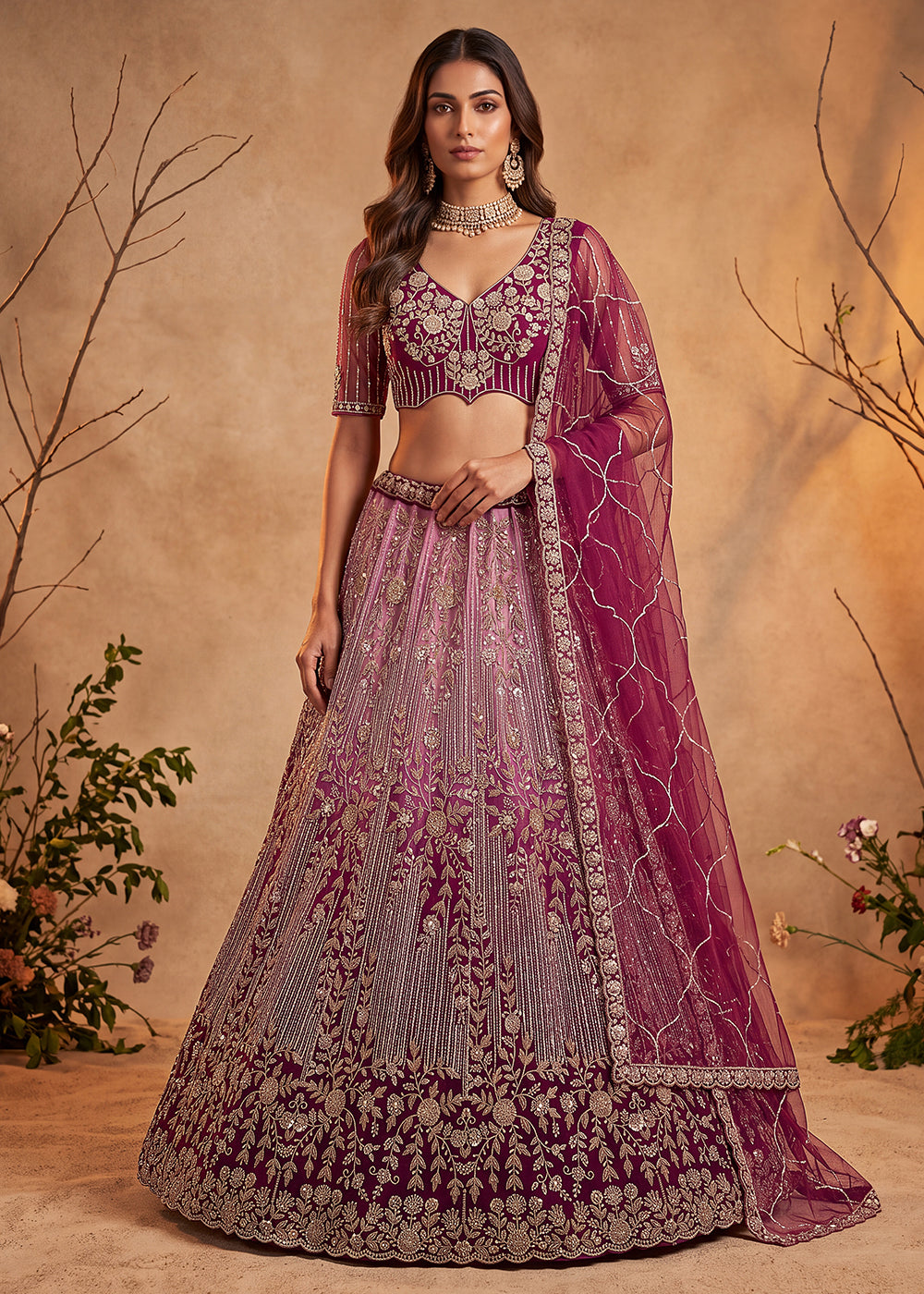 Buy Now Wine Net Embroidered Designer Party Wear Lehenga Choli Online in US, UK, Canada, France, Italy, Germany, Sweden, Australia, UAE & Worldwide at Empress.