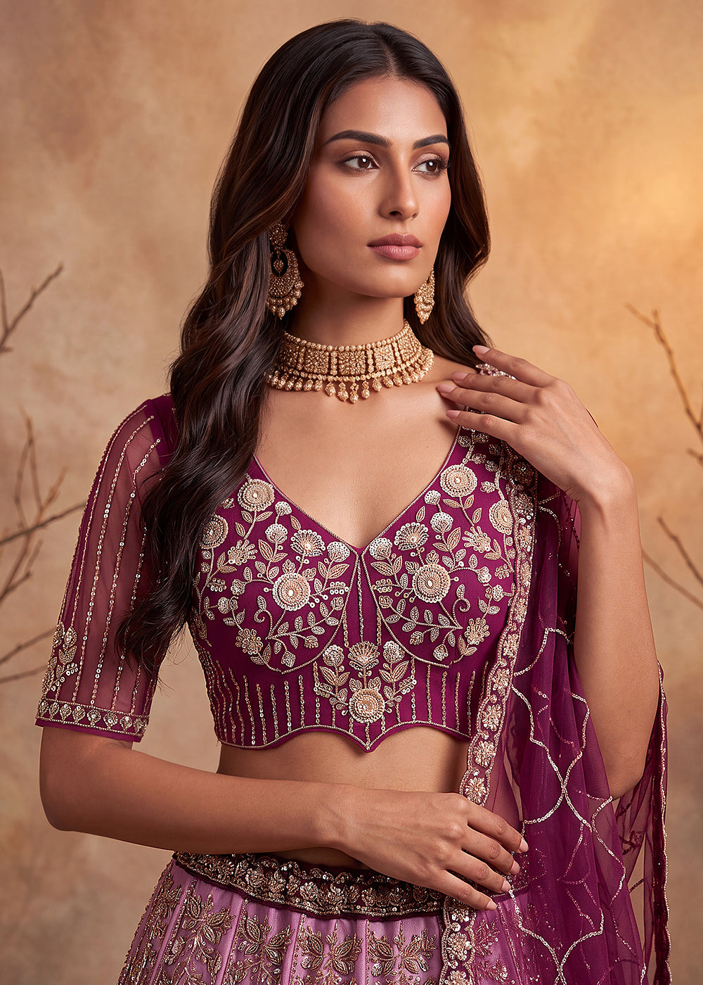 Buy Now Wine Net Embroidered Designer Party Wear Lehenga Choli Online in US, UK, Canada, France, Italy, Germany, Sweden, Australia, UAE & Worldwide at Empress.