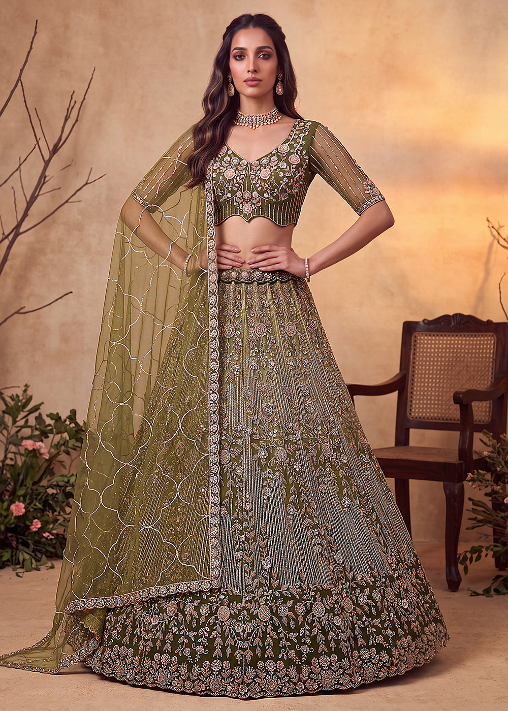 Buy Now Green Net Embroidered Designer Party Wear Lehenga Choli Online in US, UK, Canada, France, Italy, Germany, Sweden, Australia, UAE & Worldwide at Empress.