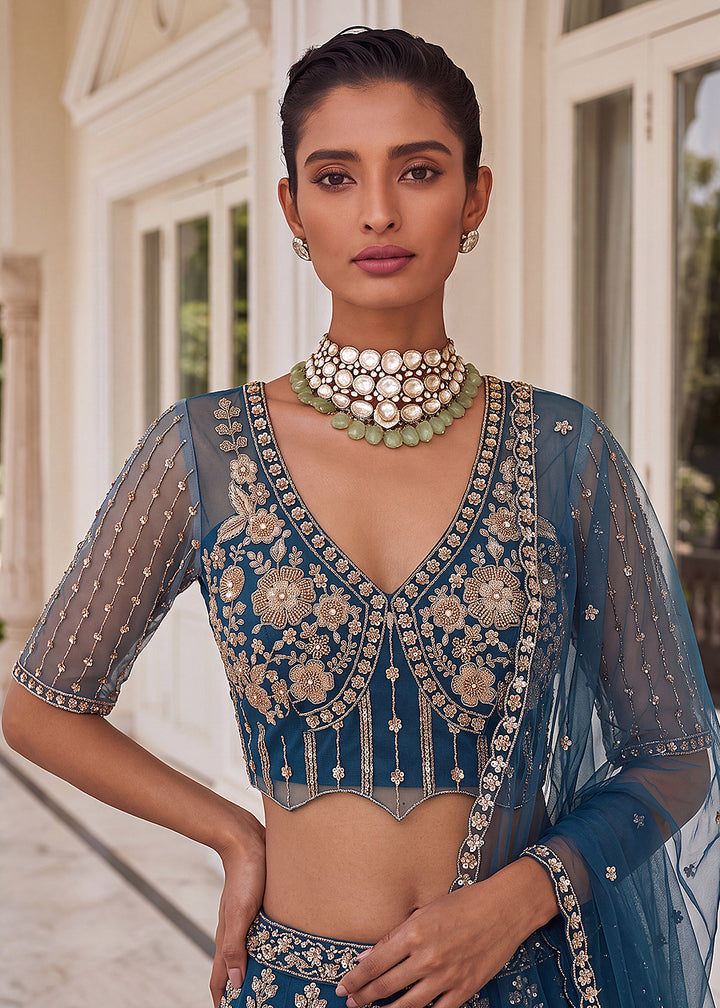 Buy Now Shaded Blue Premium Net Embroidered Lehenga Choli Online in US, UK, Canada, France, Italy, Germany, Sweden, Denmark, Australia &amp; Worldwide at Empress.