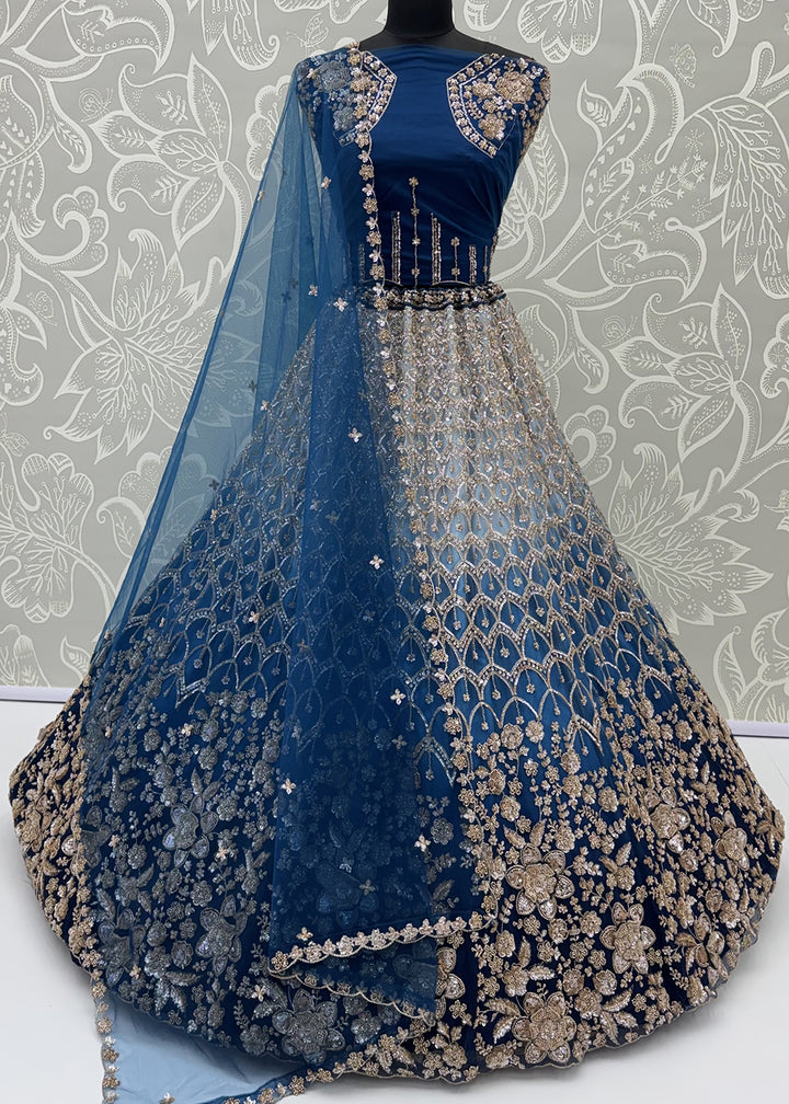 Buy Now Shaded Blue Premium Net Embroidered Lehenga Choli Online in US, UK, Canada, France, Italy, Germany, Sweden, Denmark, Australia &amp; Worldwide at Empress.