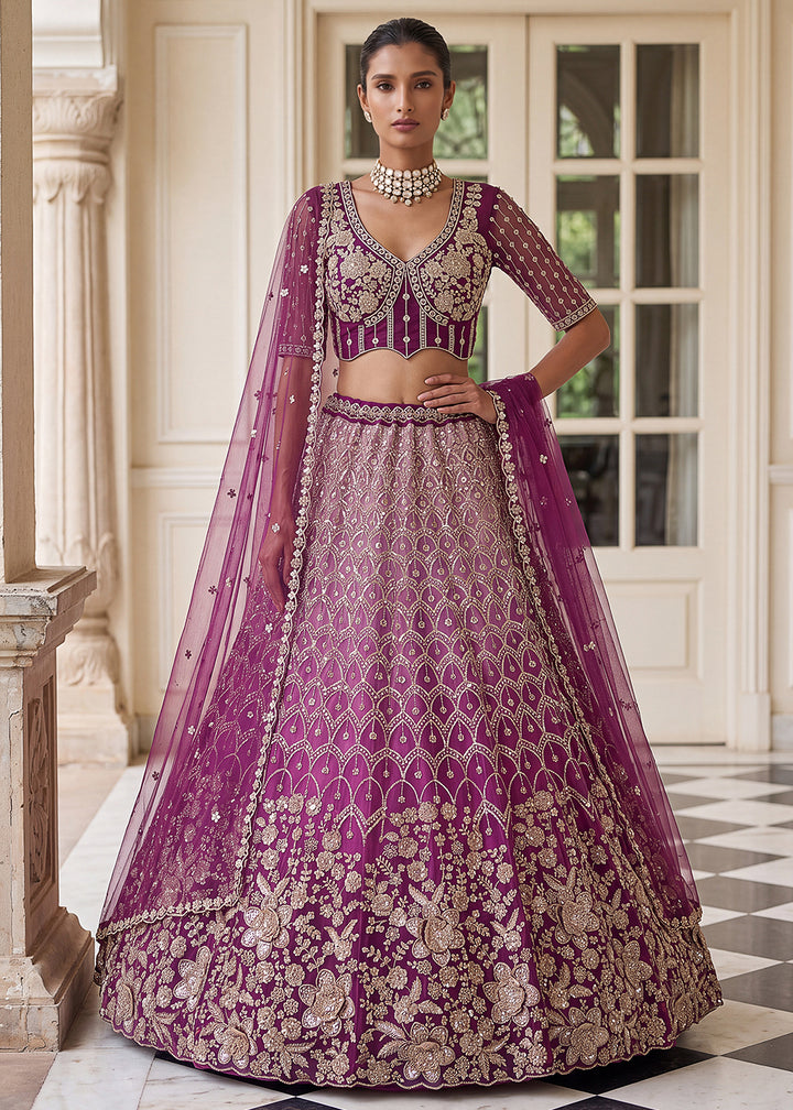 Buy Now Shaded Pink Premium Net Embroidered Lehenga Choli Online in US, UK, Canada, France, Italy, Germany, Sweden, Denmark, Australia &amp; Worldwide at Empress.