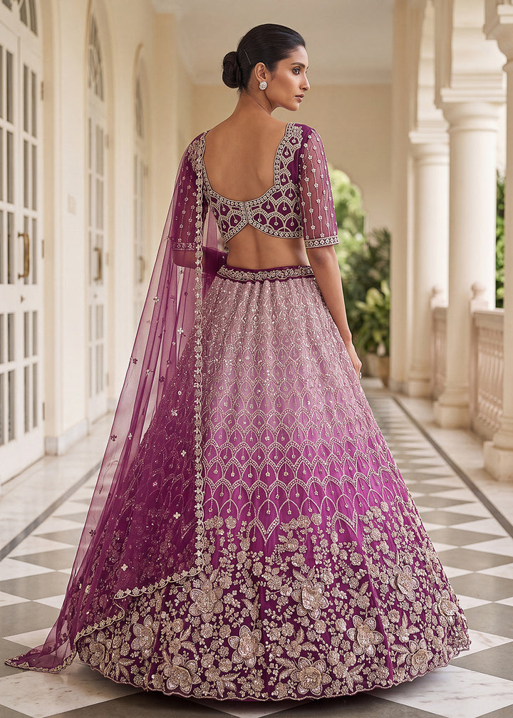 Buy Now Shaded Pink Premium Net Embroidered Lehenga Choli Online in US, UK, Canada, France, Italy, Germany, Sweden, Denmark, Australia &amp; Worldwide at Empress.