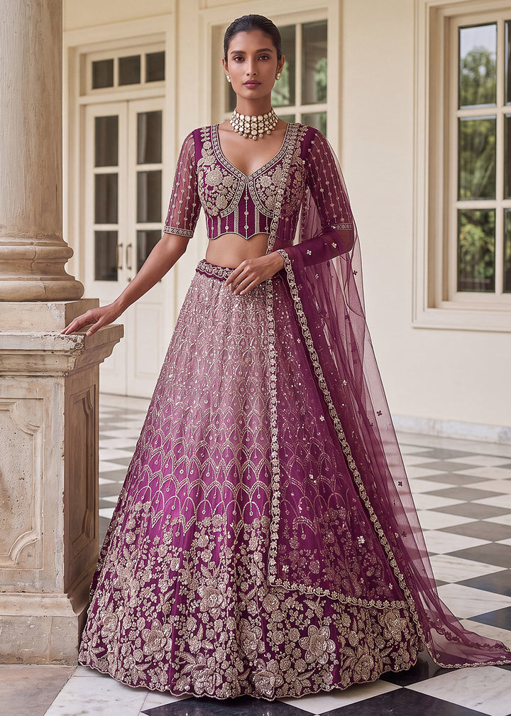 Buy Now Shaded Pink Premium Net Embroidered Lehenga Choli Online in US, UK, Canada, France, Italy, Germany, Sweden, Denmark, Australia &amp; Worldwide at Empress.
