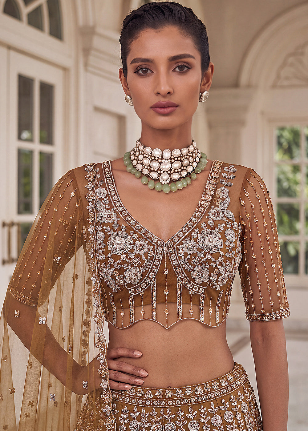 Buy Now Shaded Yellow Premium Net Embroidered Lehenga Choli Online in US, UK, Canada, France, Italy, Germany, Sweden, Denmark, Australia &amp; Worldwide at Empress.