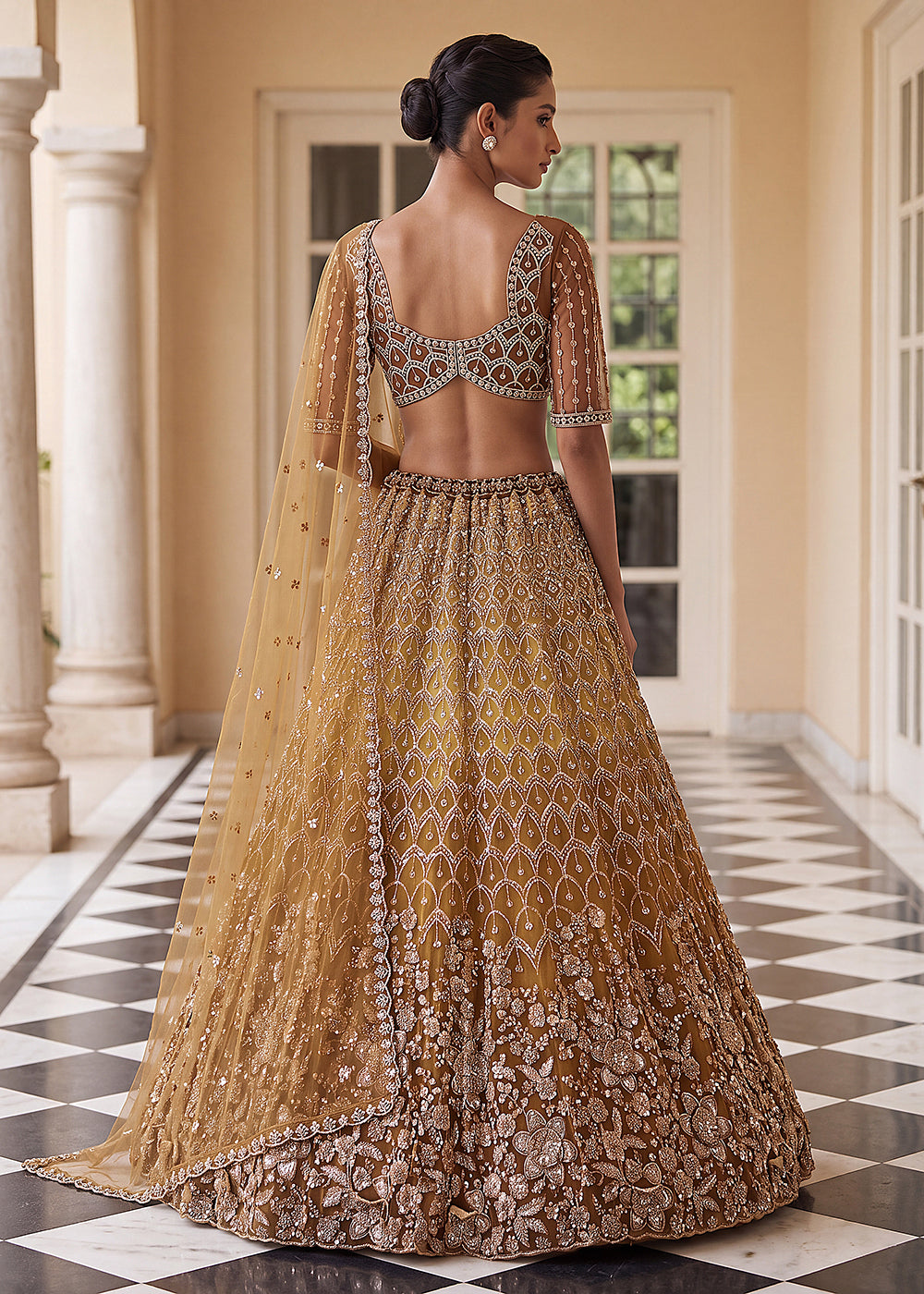 Buy Now Shaded Yellow Premium Net Embroidered Lehenga Choli Online in US, UK, Canada, France, Italy, Germany, Sweden, Denmark, Australia &amp; Worldwide at Empress.