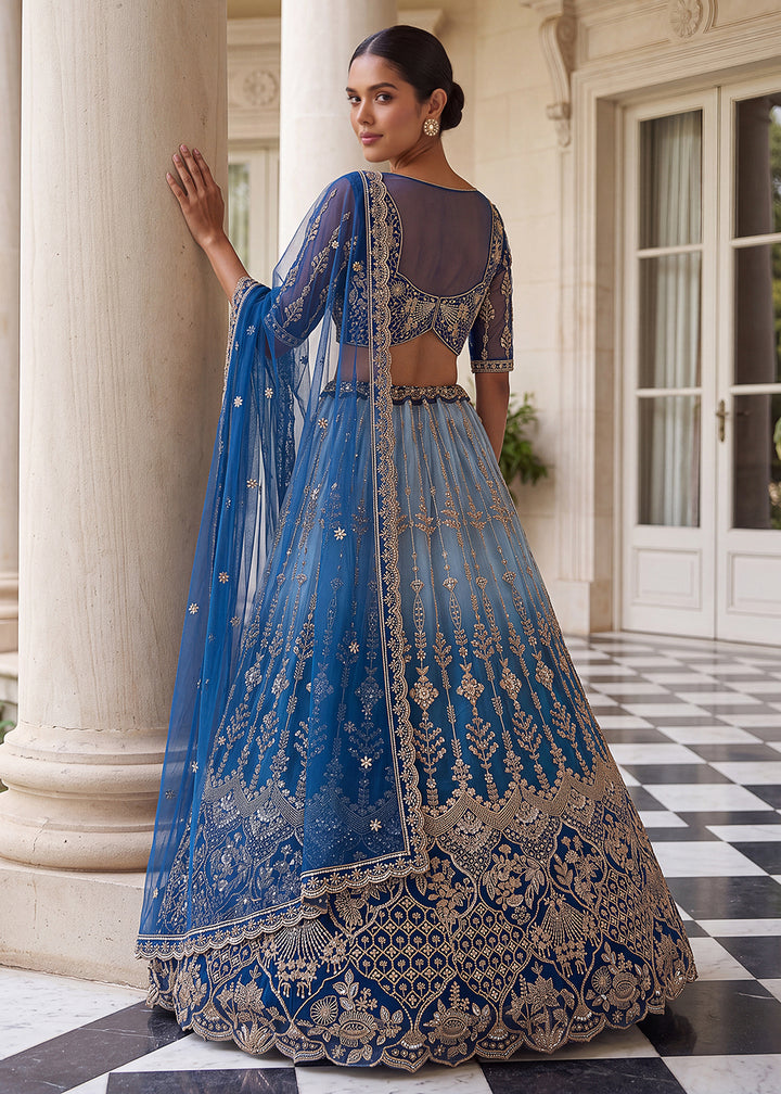 Buy Now Attractive Designer Shaded Blue Party Wear Lehenga Choli Online in US, UK, Canada, France, Italy, Germany, Sweden, Denmark, UAE &amp; Worldwide at Empress.