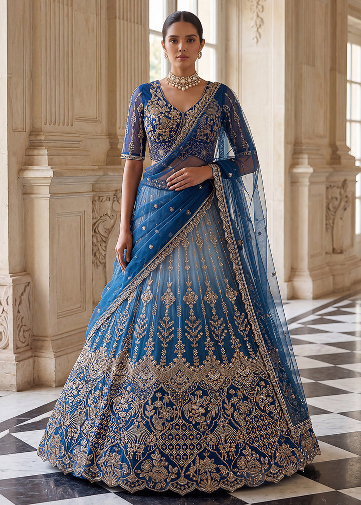 Buy Now Attractive Designer Shaded Blue Party Wear Lehenga Choli Online in US, UK, Canada, France, Italy, Germany, Sweden, Denmark, UAE &amp; Worldwide at Empress.