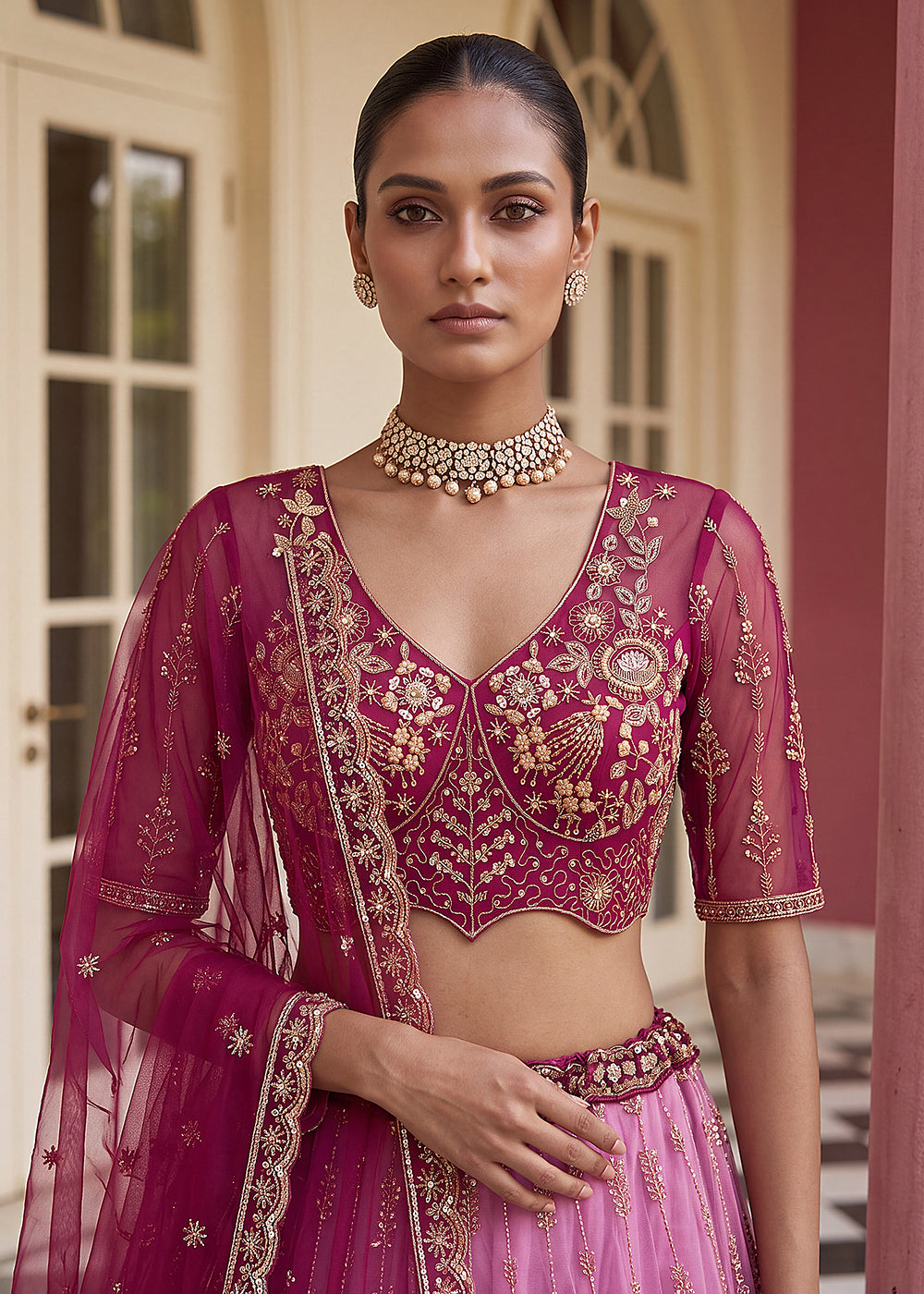 Buy Now Attractive Designer Shaded Pink Party Wear Lehenga Choli Online in US, UK, Canada, France, Italy, Germany, Sweden, Denmark, UAE & Worldwide at Empress.
