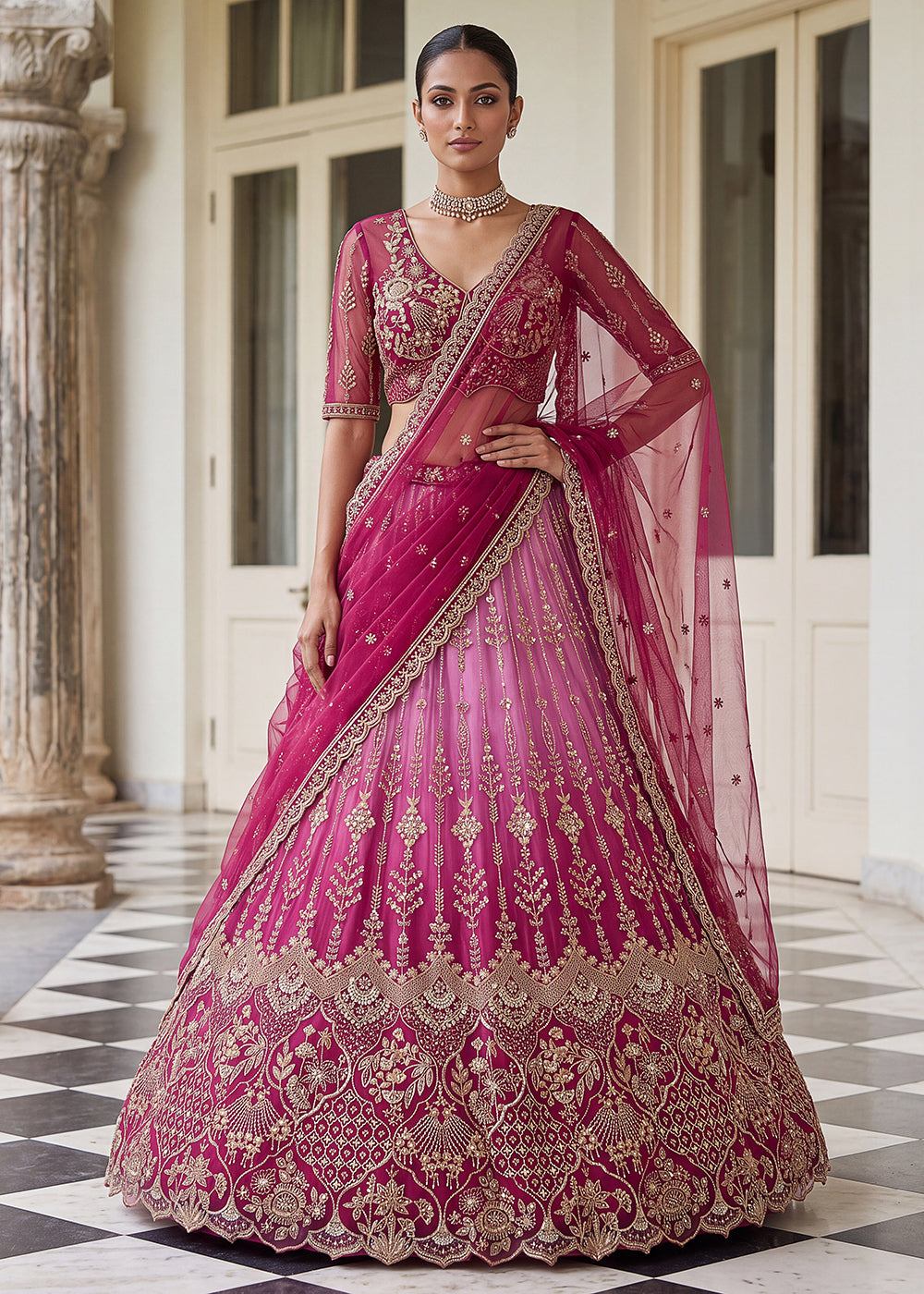 Buy Now Attractive Designer Shaded Pink Party Wear Lehenga Choli Online in US, UK, Canada, France, Italy, Germany, Sweden, Denmark, UAE &amp; Worldwide at Empress.