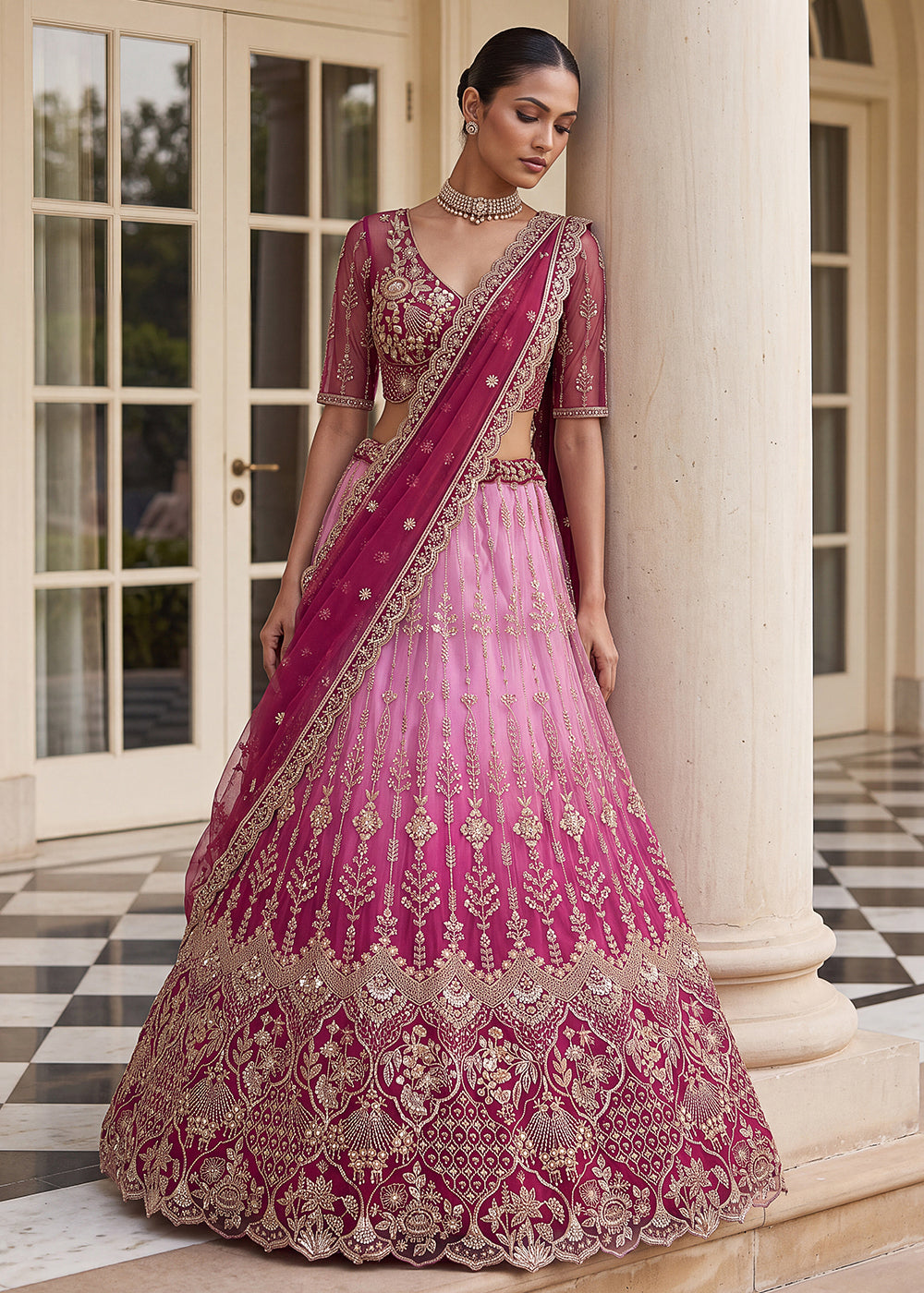 Buy Now Attractive Designer Shaded Pink Party Wear Lehenga Choli Online in US, UK, Canada, France, Italy, Germany, Sweden, Denmark, UAE &amp; Worldwide at Empress.