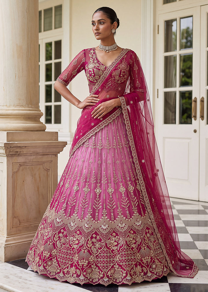 Buy Now Attractive Designer Shaded Pink Party Wear Lehenga Choli Online in US, UK, Canada, France, Italy, Germany, Sweden, Denmark, UAE &amp; Worldwide at Empress.