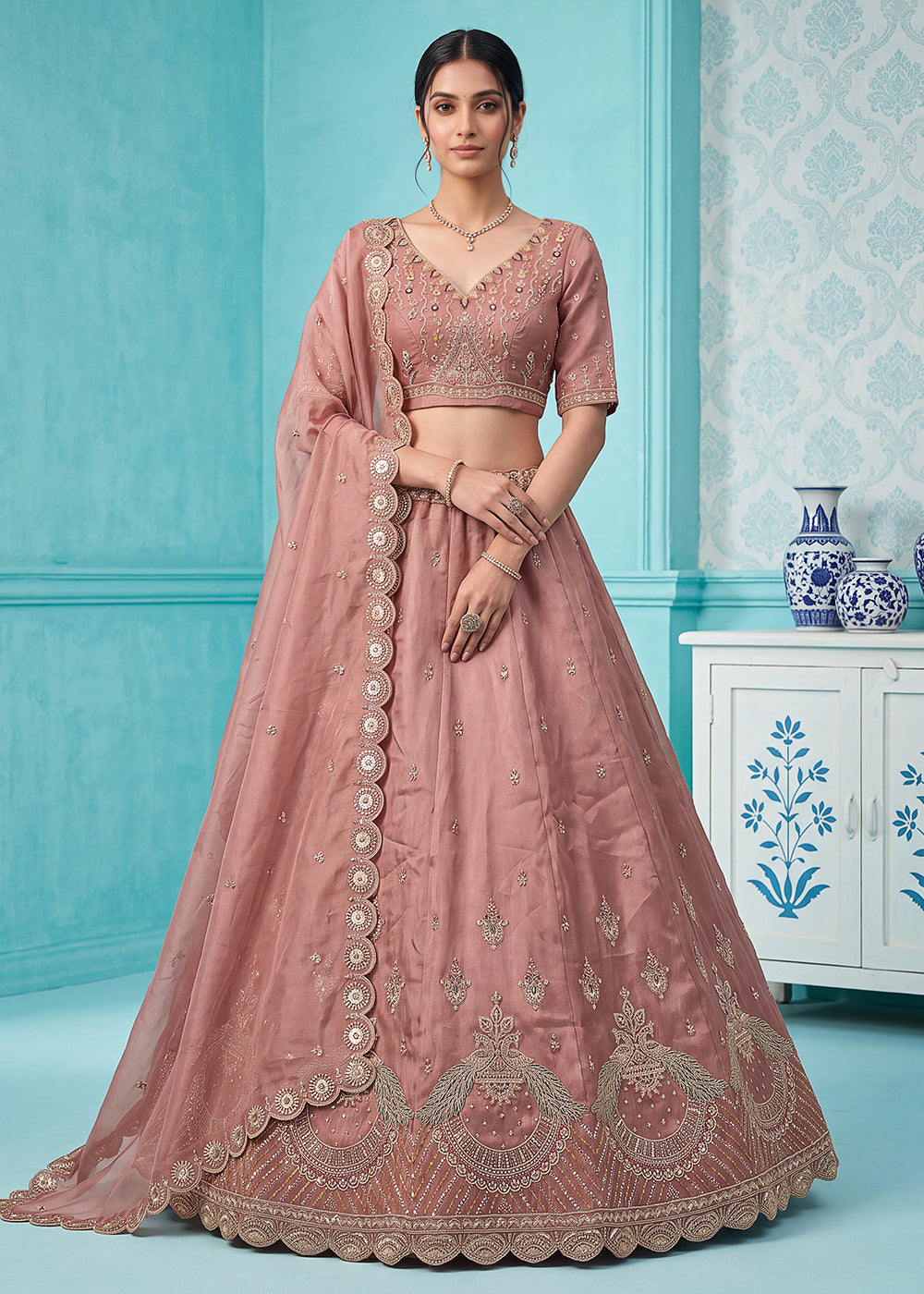 Buy Now Beautiful Pink Handwork & Crystal Beads Party Lehenga Choli Online in US, UK, Canada, France, Italy, Germany, Sweden, Denmark & Worldwide at Empress.