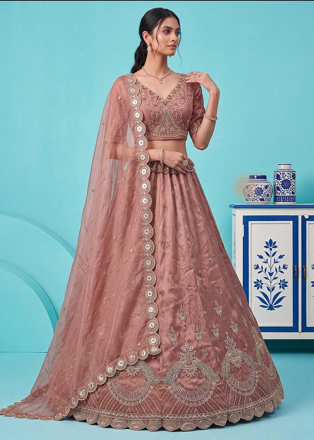 Buy Now Beautiful Pink Handwork &amp; Crystal Beads Party Lehenga Choli Online in US, UK, Canada, France, Italy, Germany, Sweden, Denmark &amp; Worldwide at Empress.