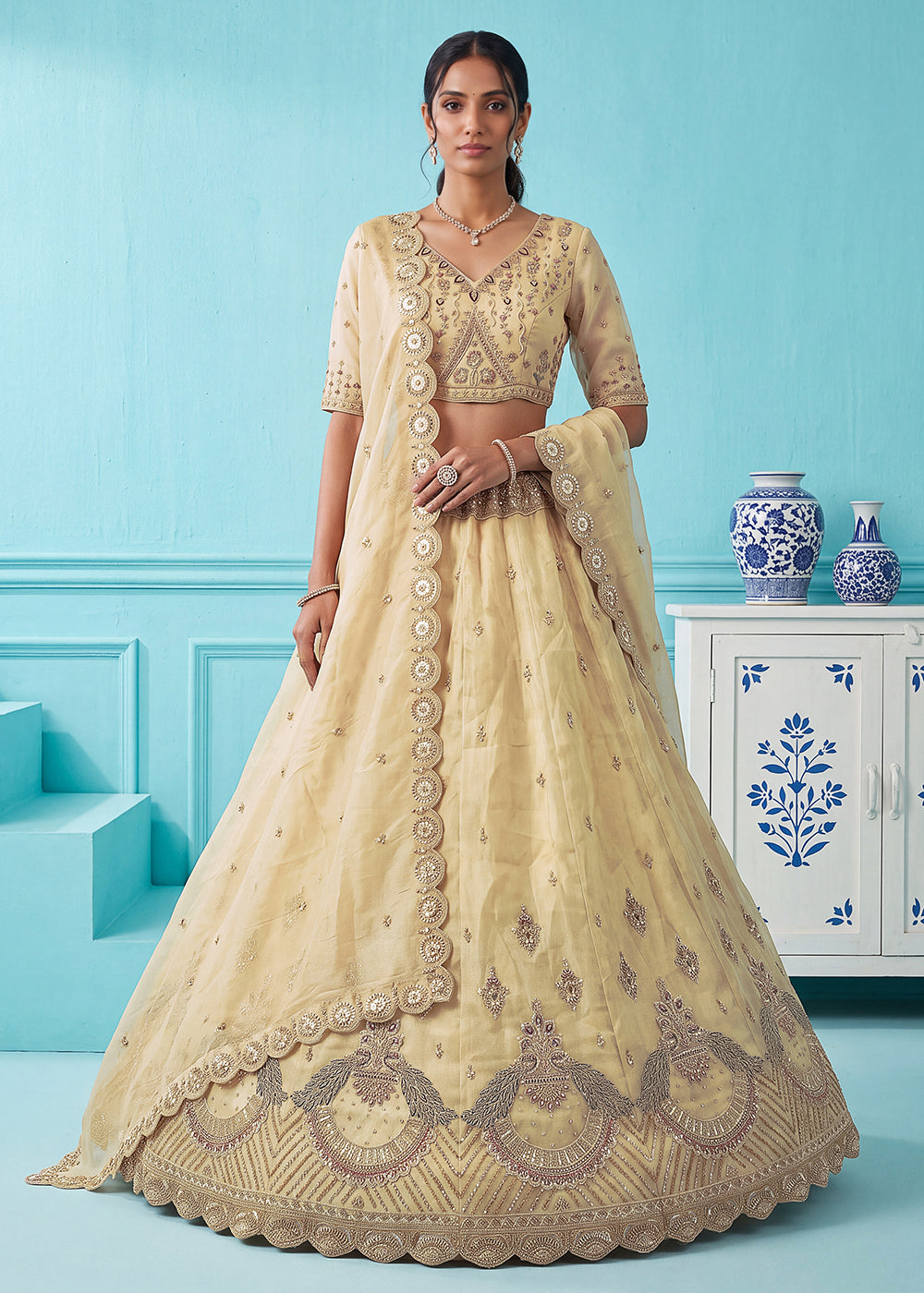 Buy Now Beautiful Off White Handwork & Crystal Beads Party Lehenga Choli Online in US, UK, Canada, France, Italy, Germany, Sweden, Denmark & Worldwide at Empress.