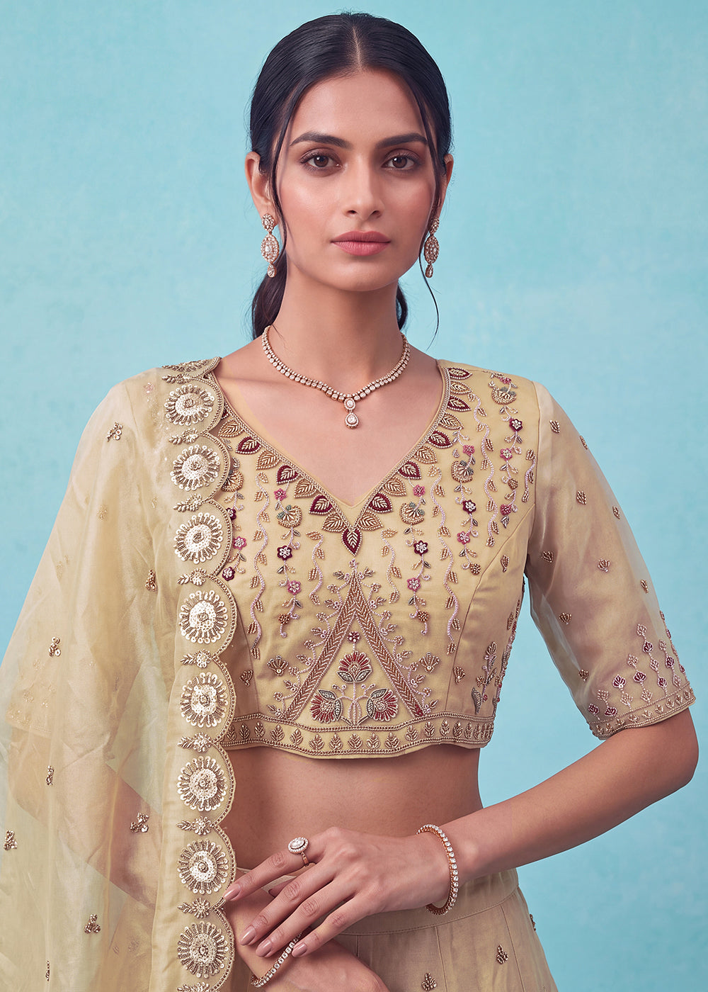 Buy Now Beautiful Off White Handwork & Crystal Beads Party Lehenga Choli Online in US, UK, Canada, France, Italy, Germany, Sweden, Denmark & Worldwide at Empress.