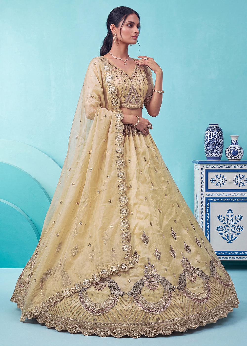 Buy Now Beautiful Off White Handwork &amp; Crystal Beads Party Lehenga Choli Online in US, UK, Canada, France, Italy, Germany, Sweden, Denmark &amp; Worldwide at Empress.