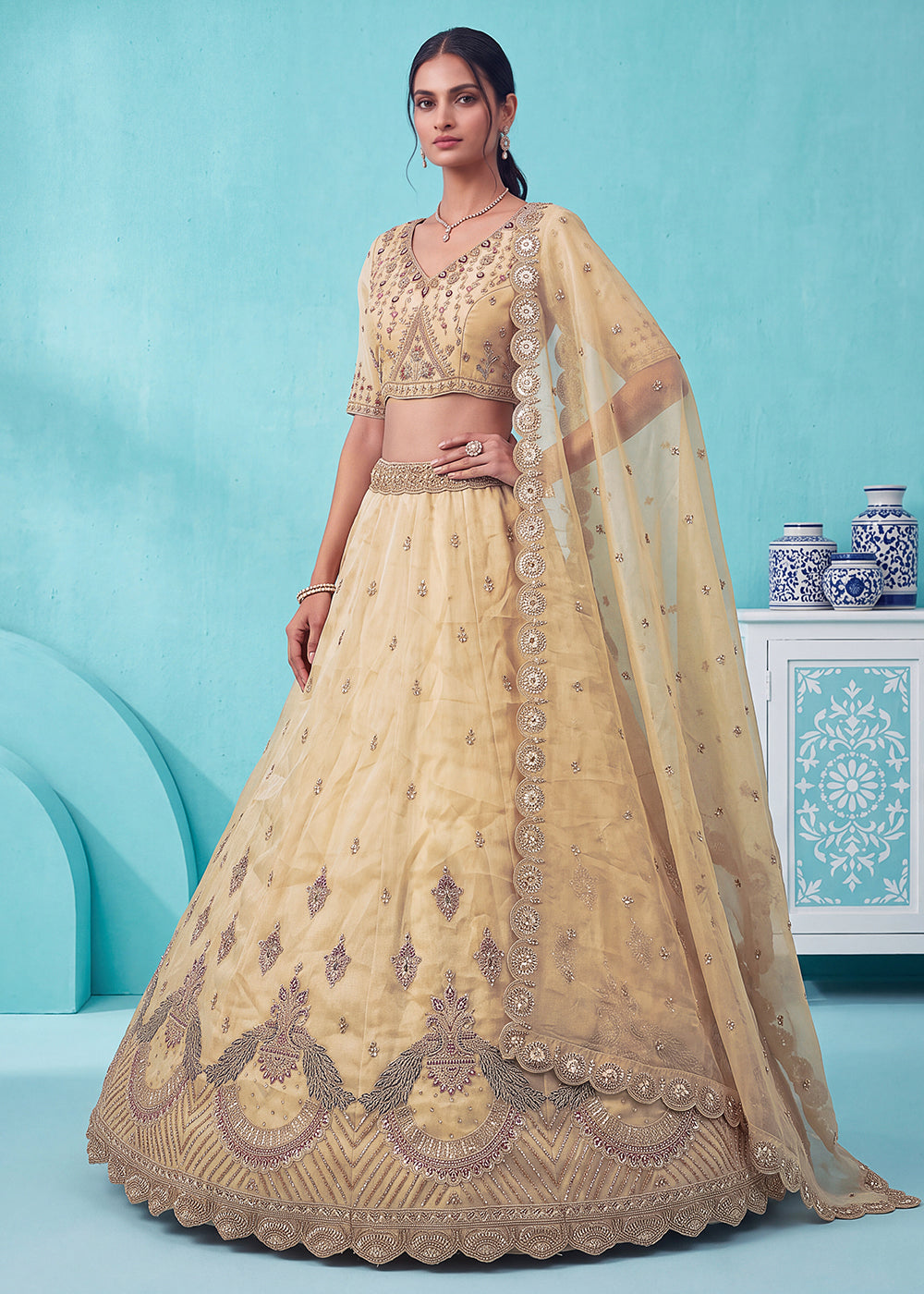 Buy Now Beautiful Off White Handwork &amp; Crystal Beads Party Lehenga Choli Online in US, UK, Canada, France, Italy, Germany, Sweden, Denmark &amp; Worldwide at Empress.