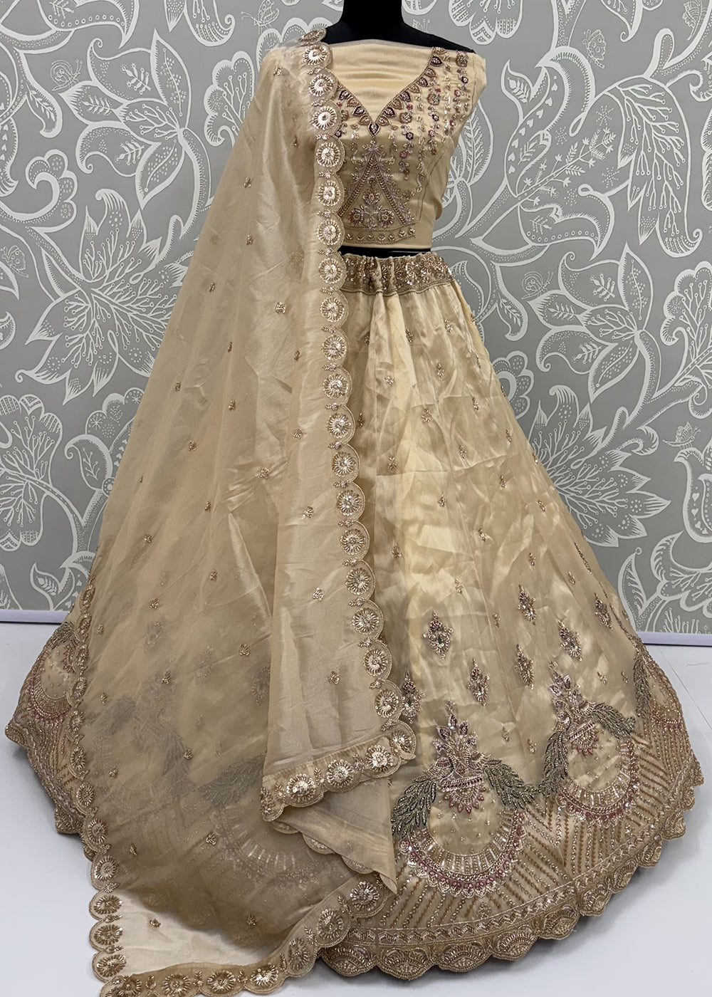 Buy Now Beautiful Off White Handwork &amp; Crystal Beads Party Lehenga Choli Online in US, UK, Canada, France, Italy, Germany, Sweden, Denmark &amp; Worldwide at Empress.