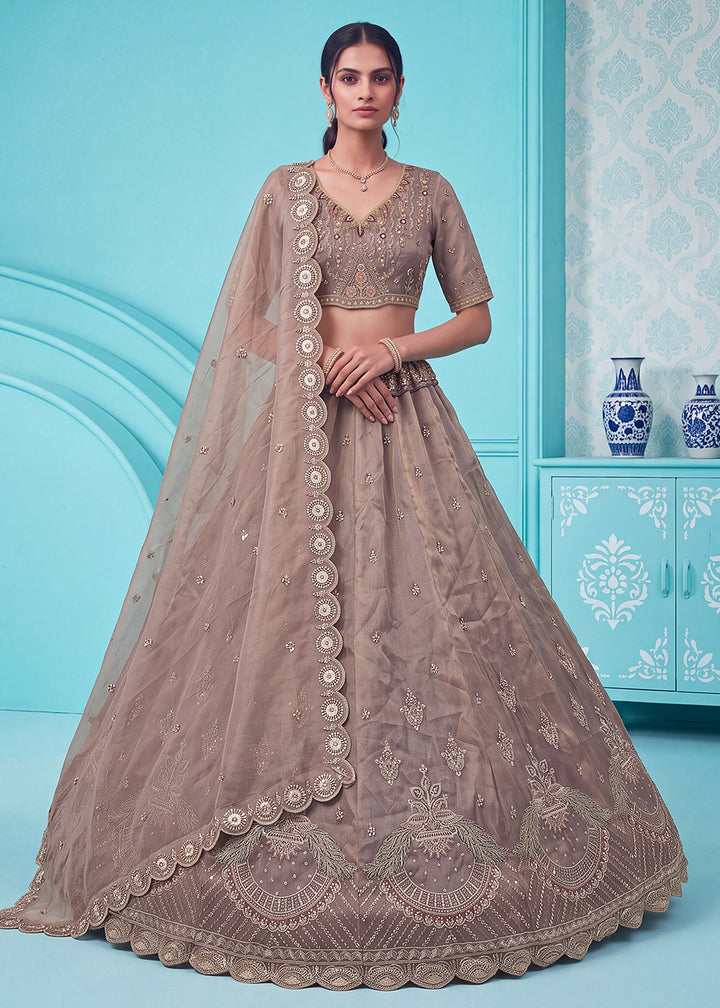 Buy Now Beautiful Brown Handwork &amp; Crystal Beads Party Lehenga Choli Online in US, UK, Canada, France, Italy, Germany, Sweden, Denmark &amp; Worldwide at Empress.