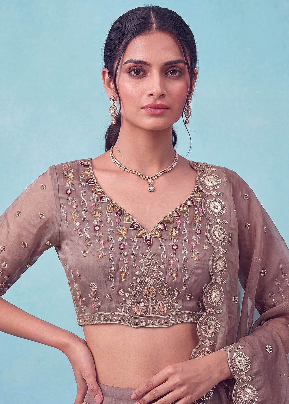 Buy Now Beautiful Brown Handwork &amp; Crystal Beads Party Lehenga Choli Online in US, UK, Canada, France, Italy, Germany, Sweden, Denmark &amp; Worldwide at Empress.