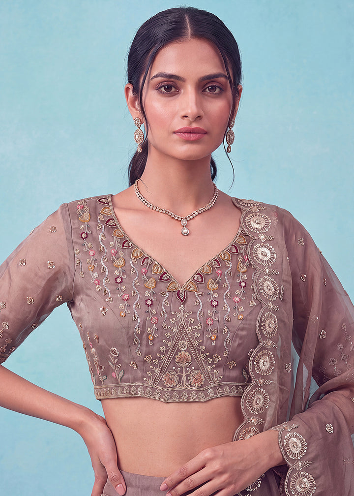 Buy Now Beautiful Brown Handwork &amp; Crystal Beads Party Lehenga Choli Online in US, UK, Canada, France, Italy, Germany, Sweden, Denmark &amp; Worldwide at Empress.
