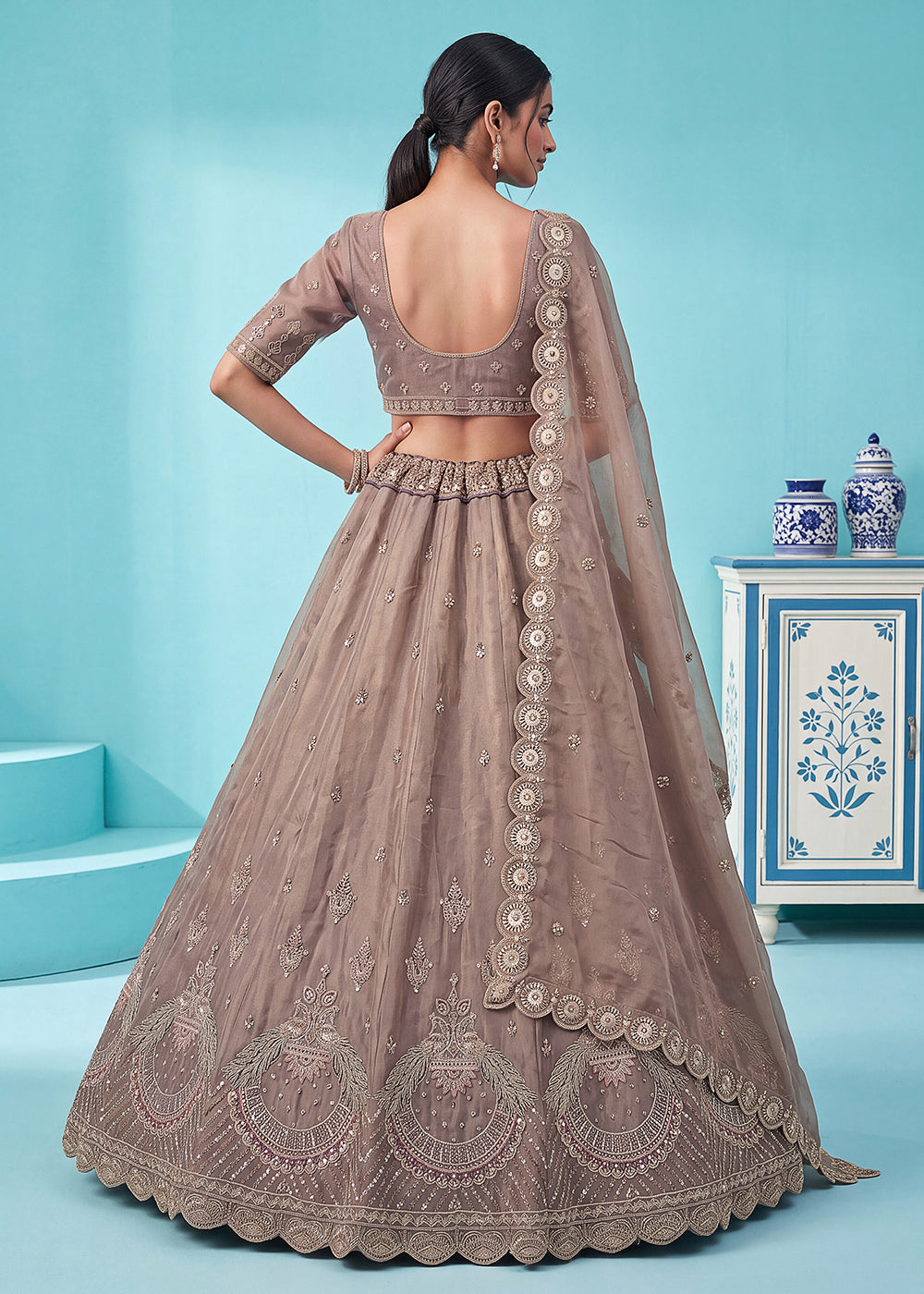 Buy Now Beautiful Brown Handwork &amp; Crystal Beads Party Lehenga Choli Online in US, UK, Canada, France, Italy, Germany, Sweden, Denmark &amp; Worldwide at Empress.