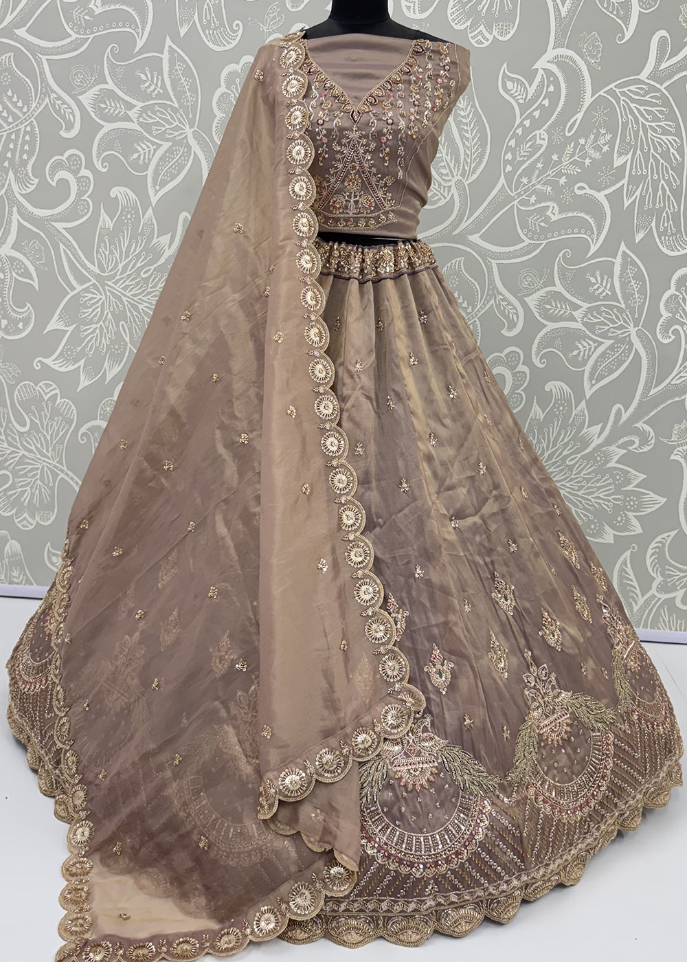 Buy Now Beautiful Brown Handwork &amp; Crystal Beads Party Lehenga Choli Online in US, UK, Canada, France, Italy, Germany, Sweden, Denmark &amp; Worldwide at Empress.