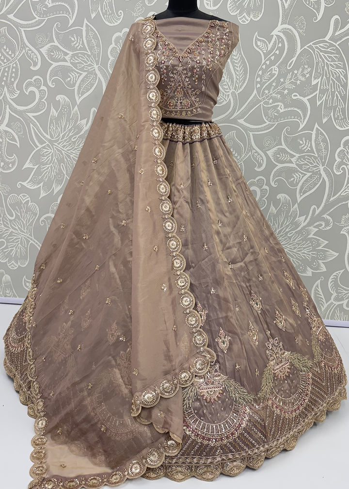 Buy Now Beautiful Brown Handwork &amp; Crystal Beads Party Lehenga Choli Online in US, UK, Canada, France, Italy, Germany, Sweden, Denmark &amp; Worldwide at Empress.